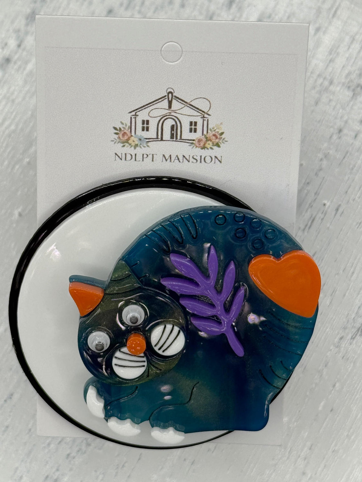 Spinner Teal & Orange Cat with Purple Flowers Acrylic