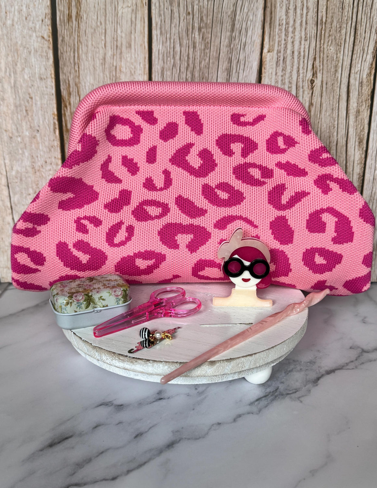 Leopard Clasp Knit Bag