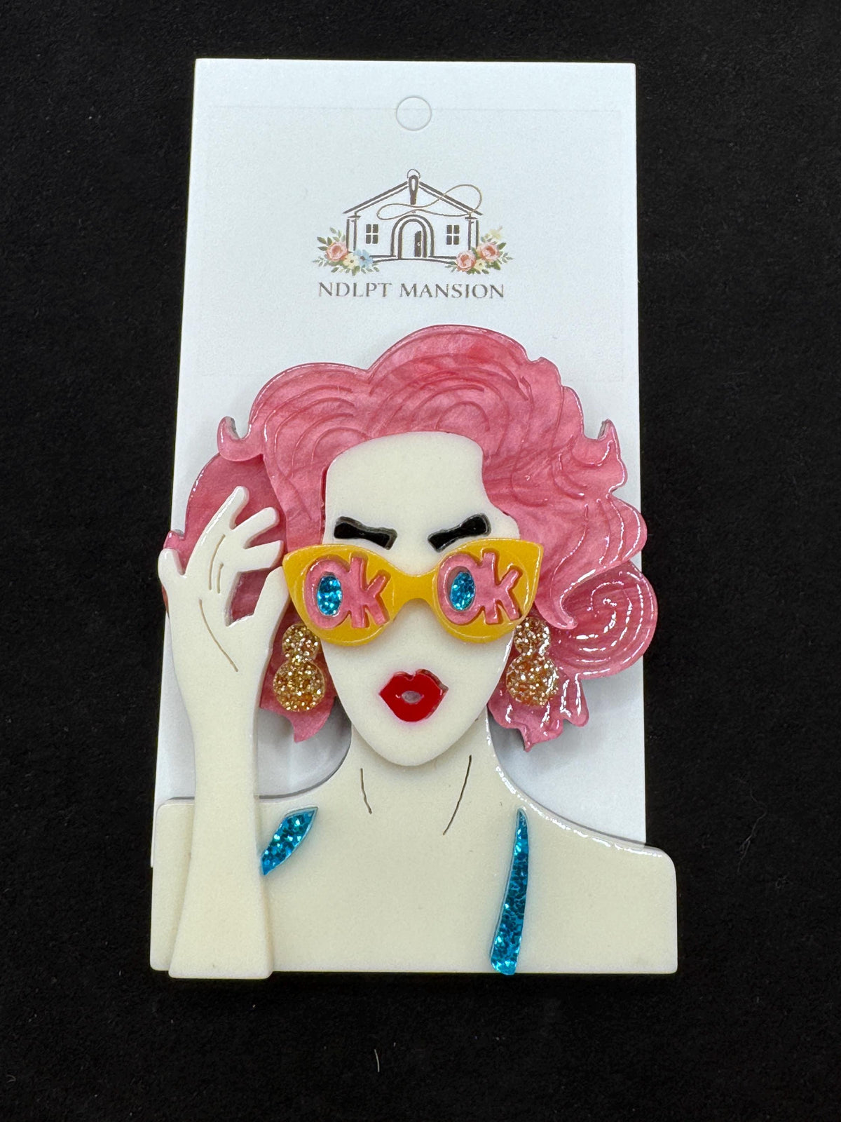 Girl with OK Glasses & Pink Hair Acrylic
