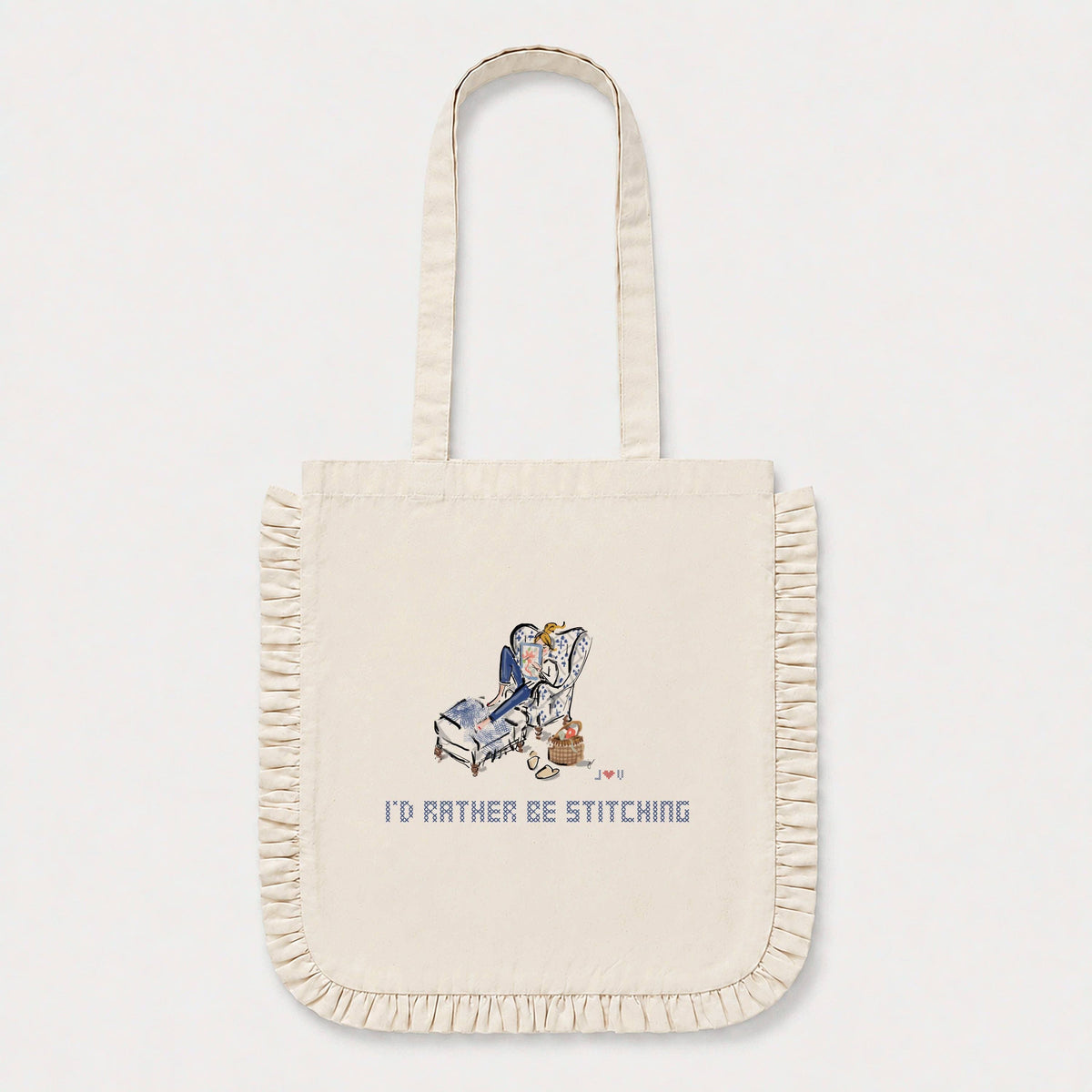I'd Rather Be Stitching Ruffled Tote Bag: Blonde hair