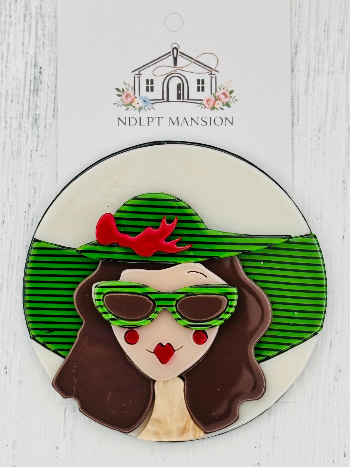 Girl w/Brown Hair & Green Floppy Hat Round Acrylic