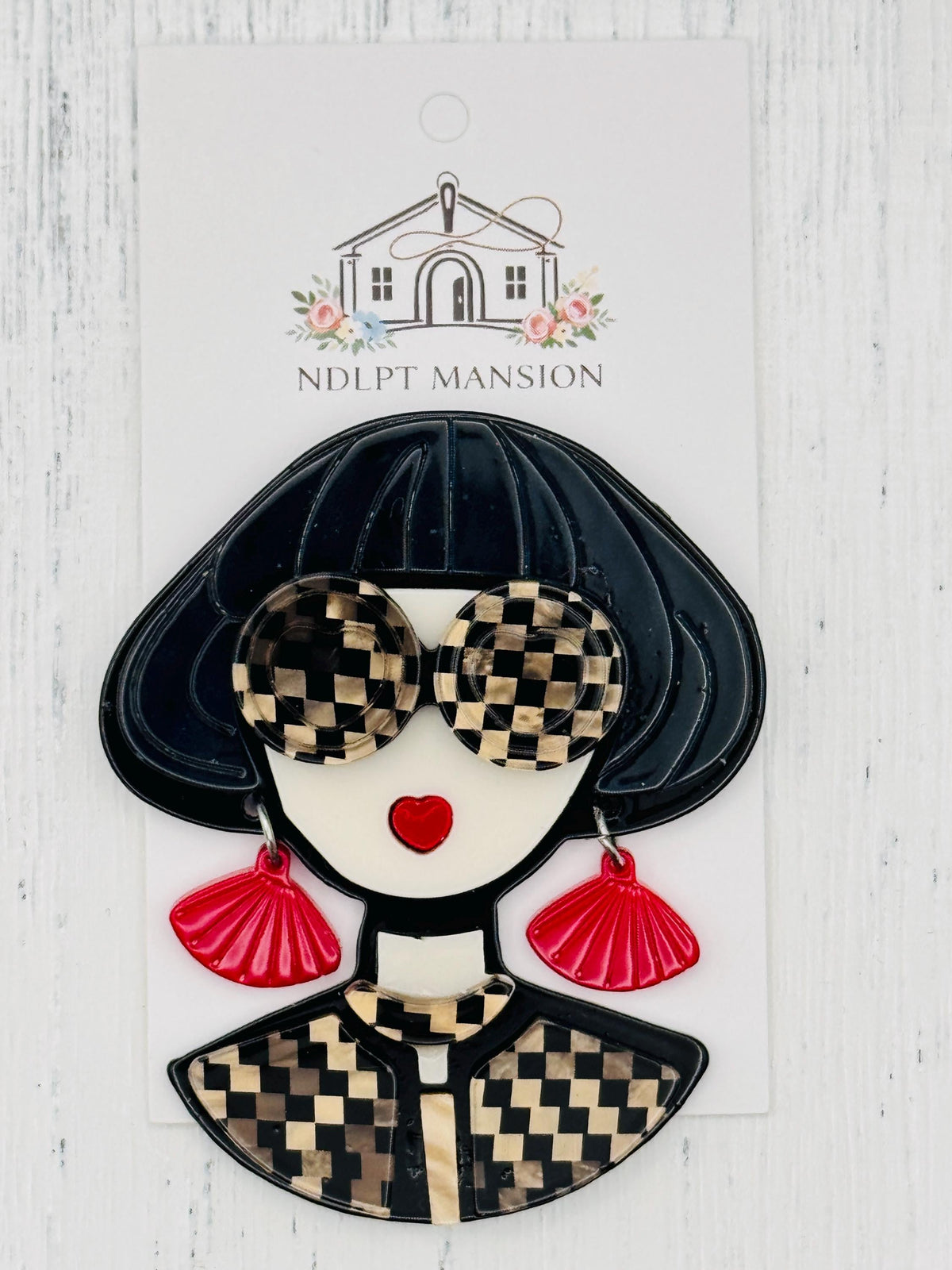 Lady w/Brown Checked Glasses & Red Earrings Acrylic