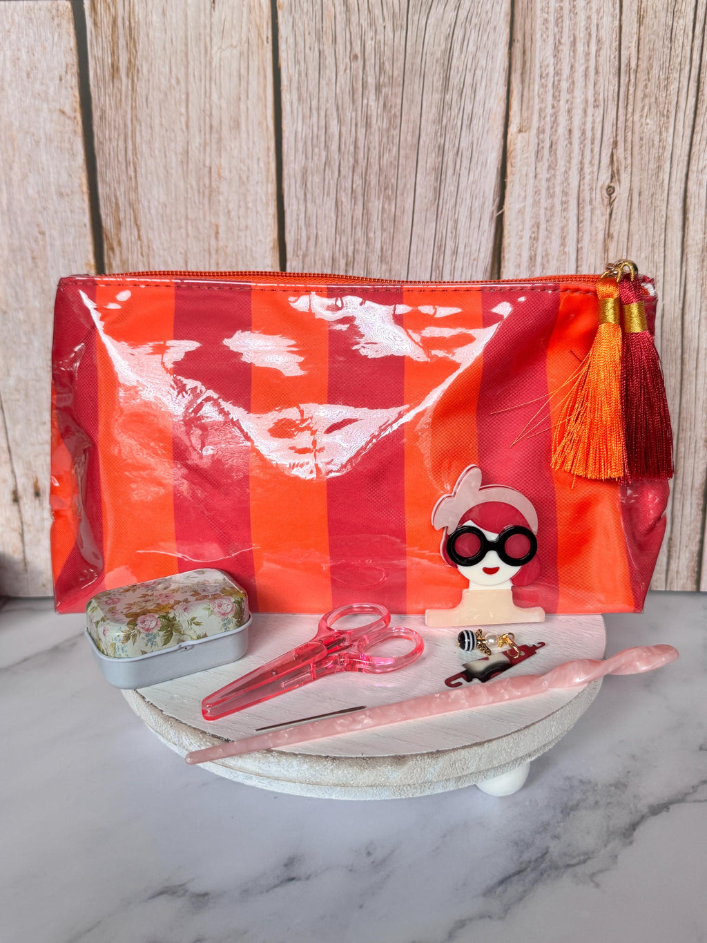 Striped Tassel Vinyl Pouch