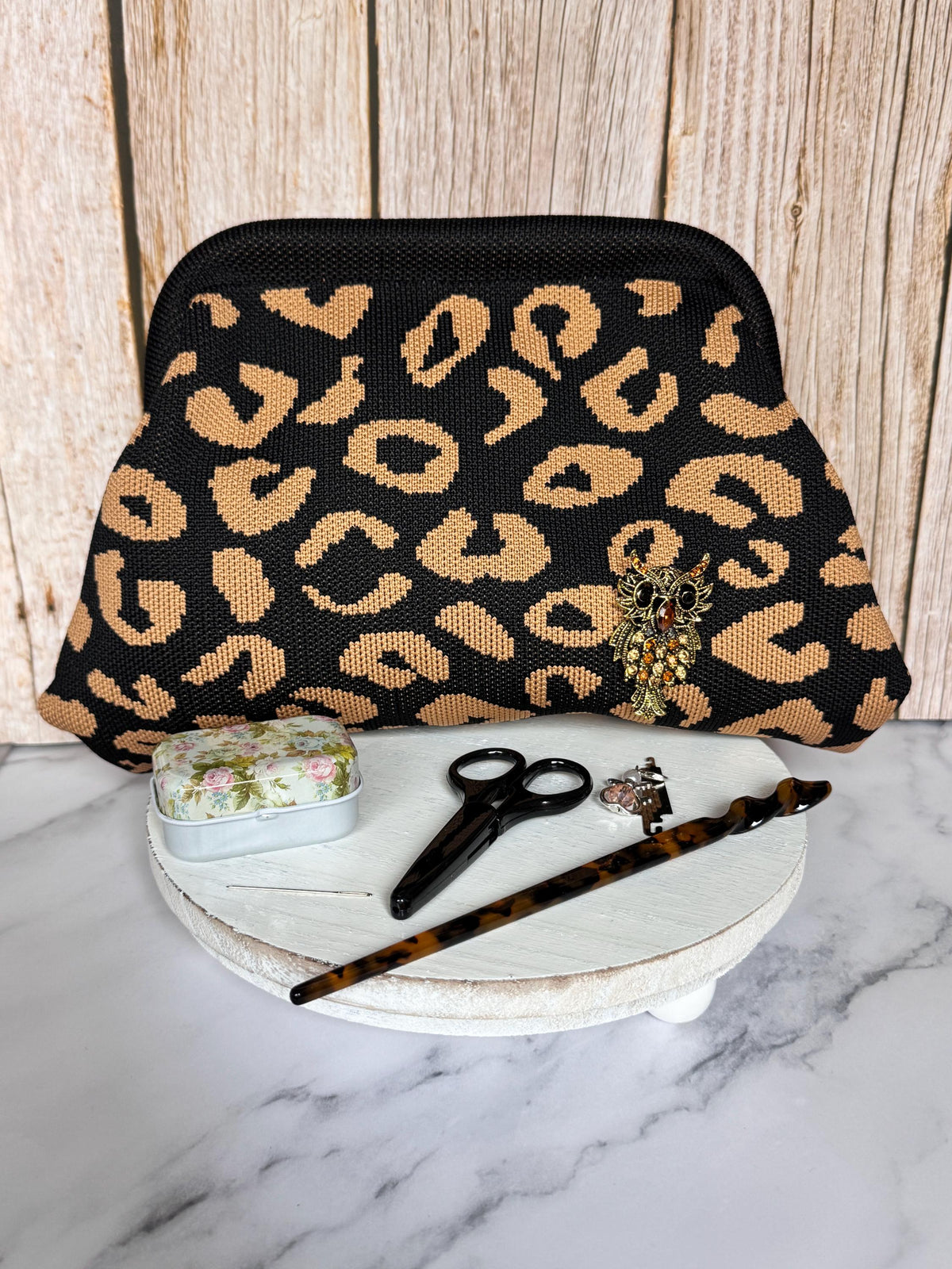 Leopard Clasp Knit Bag